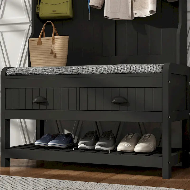 Meuble d'entrée avec banc, rangement à chaussures, coussin et compartiment supérieur — 87,1 cm L × 174 cm H