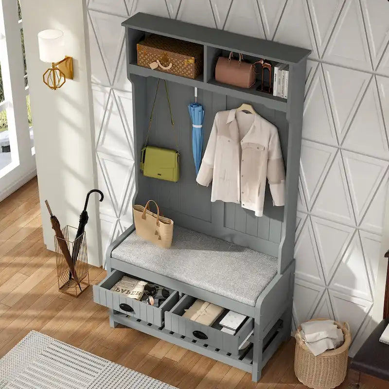 Meuble d'entrée avec banc, rangement à chaussures, coussin et compartiment supérieur — 87,1 cm L × 174 cm H