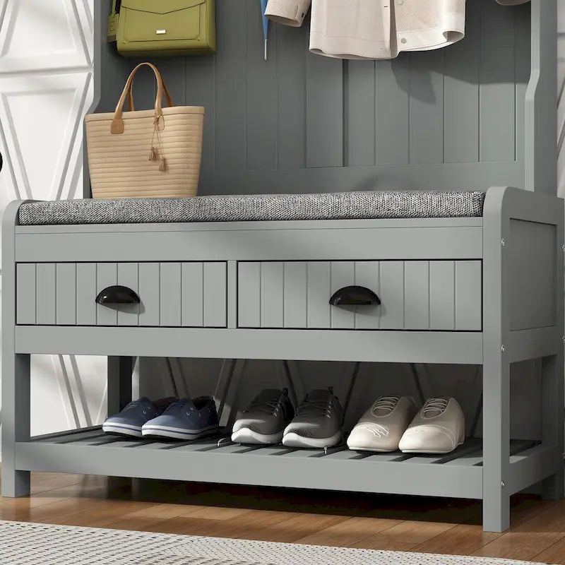 Meuble d'entrée avec banc, rangement à chaussures, coussin et compartiment supérieur — 87,1 cm L × 174 cm H