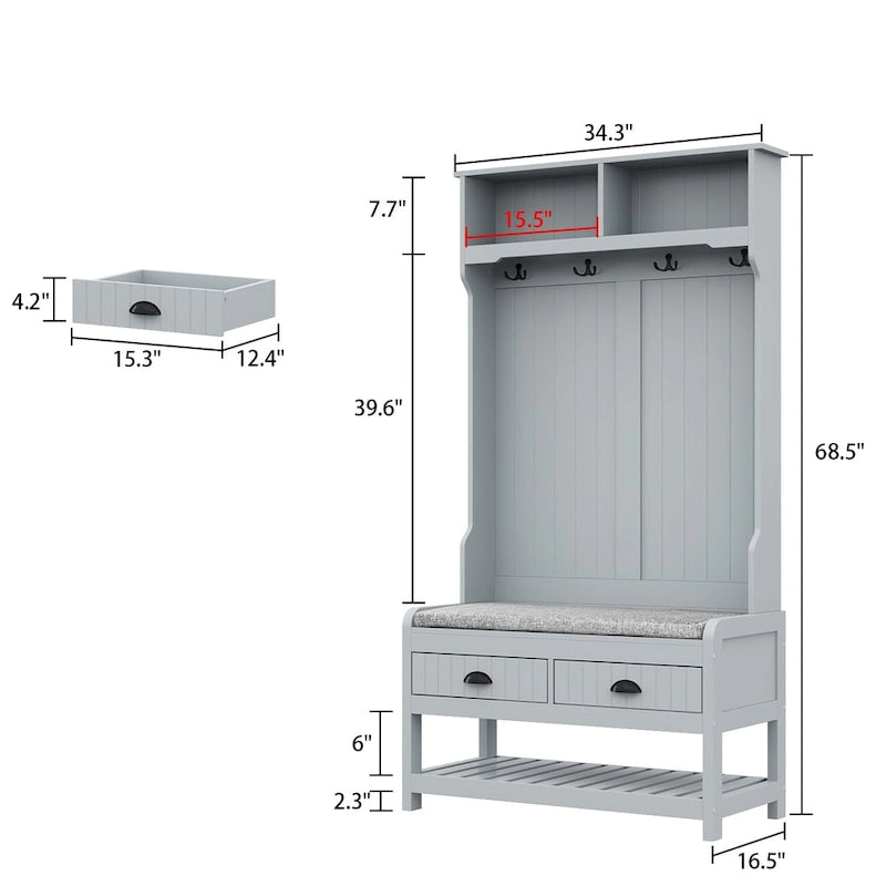 Meuble d'entrée avec banc, rangement à chaussures, coussin et compartiment supérieur — 87,1 cm L × 174 cm H