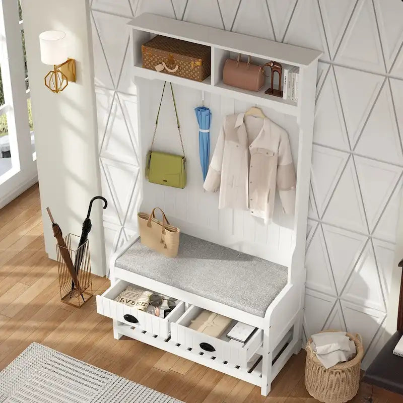 Meuble d'entrée avec banc, rangement à chaussures, coussin et compartiment supérieur — 87,1 cm L × 174 cm H