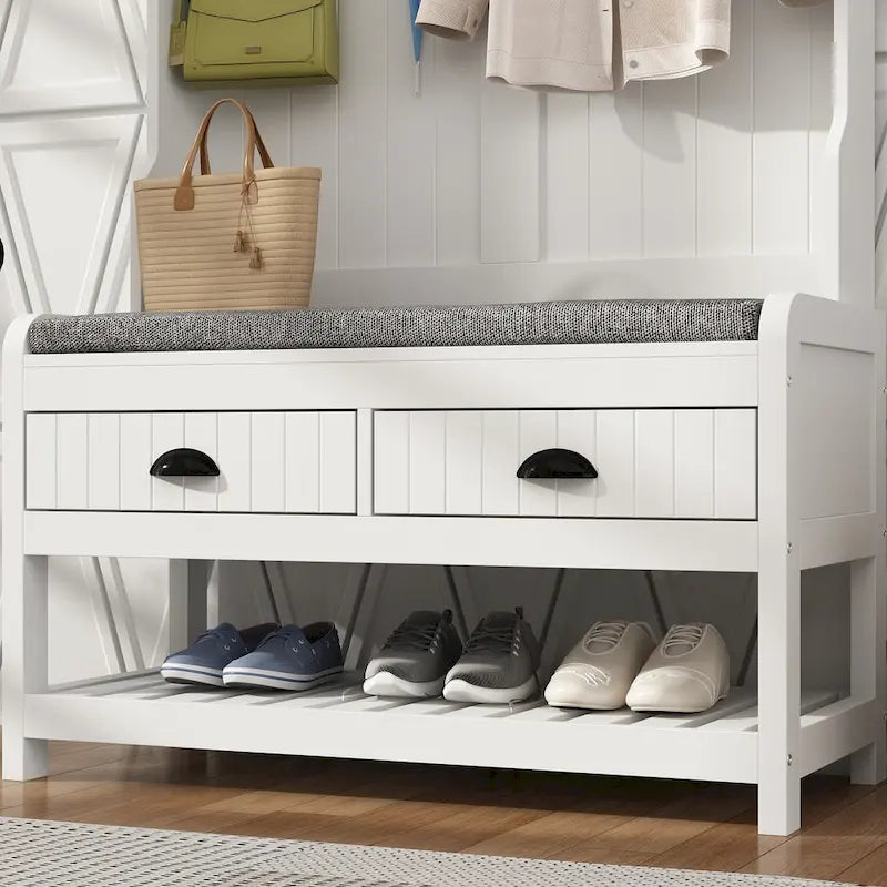 Meuble d'entrée avec banc, rangement à chaussures, coussin et compartiment supérieur — 87,1 cm L × 174 cm H