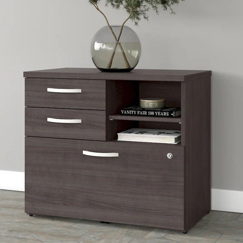 Meuble de rangement de bureau avec tiroir classeur verrouillable et étagères ouvertes — 76 cm l.