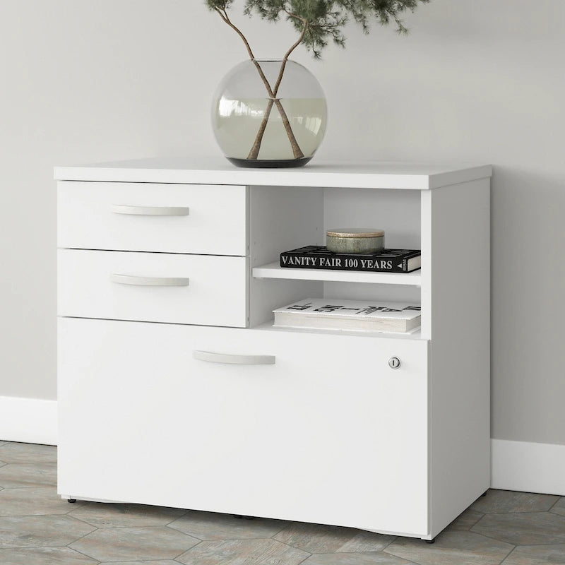 Meuble de rangement de bureau avec tiroir classeur verrouillable et étagères ouvertes — 76 cm l.