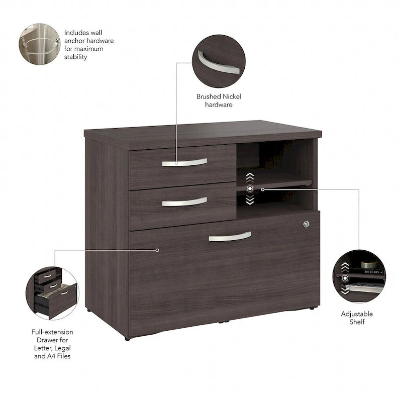 Meuble de rangement de bureau avec tiroir classeur verrouillable et étagères ouvertes — 76 cm l.