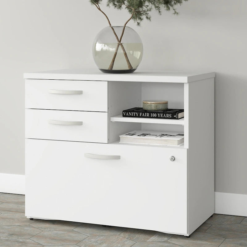 Meuble de rangement de bureau avec tiroir classeur verrouillable et étagères ouvertes — 76 cm l.