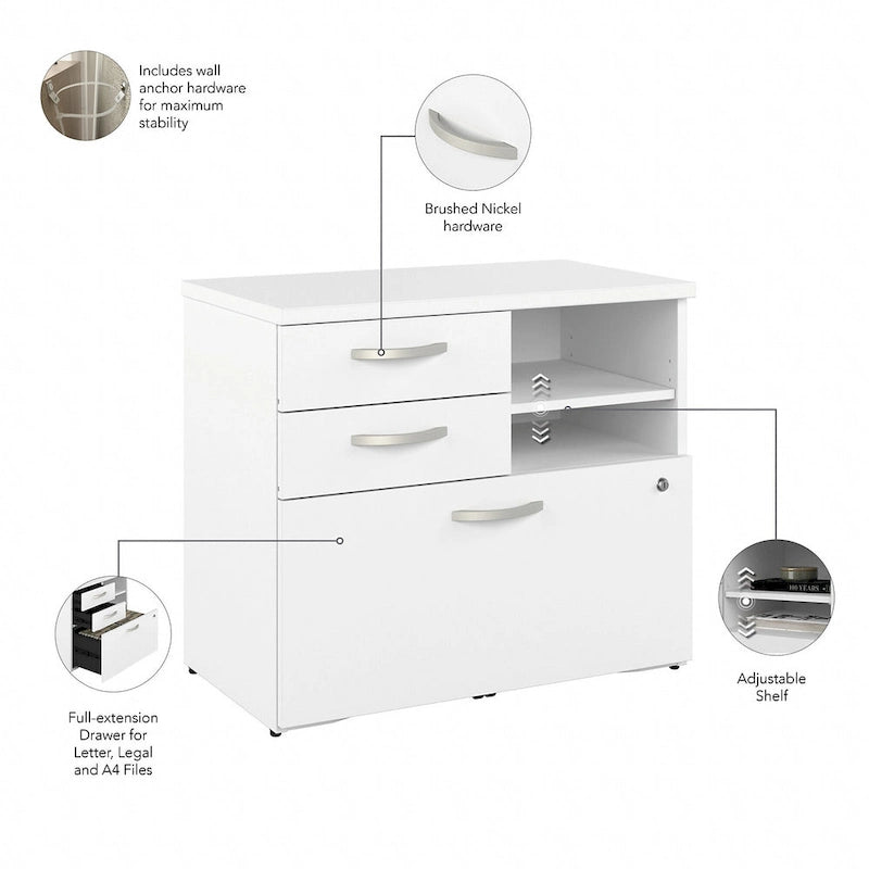 Meuble de rangement de bureau avec tiroir classeur verrouillable et étagères ouvertes — 76 cm l.