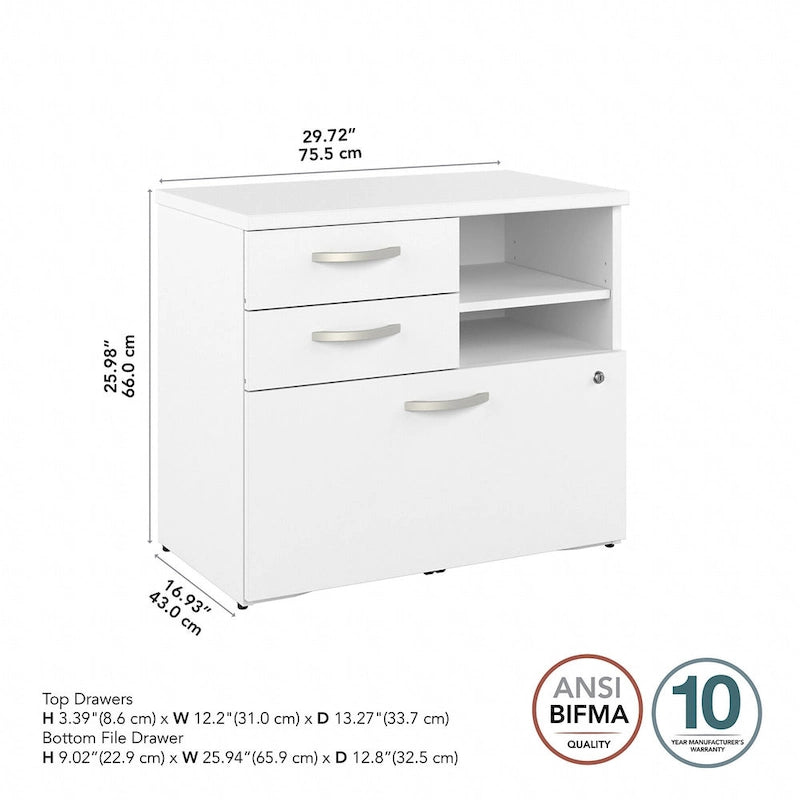 Meuble de rangement de bureau avec tiroir classeur verrouillable et étagères ouvertes — 76 cm l.