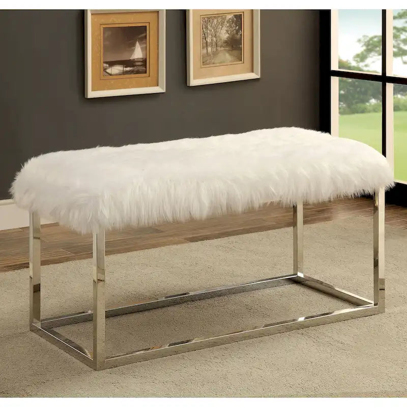 Banc contemporain de 102 cm en fausse fourrure avec pieds en métal chromé