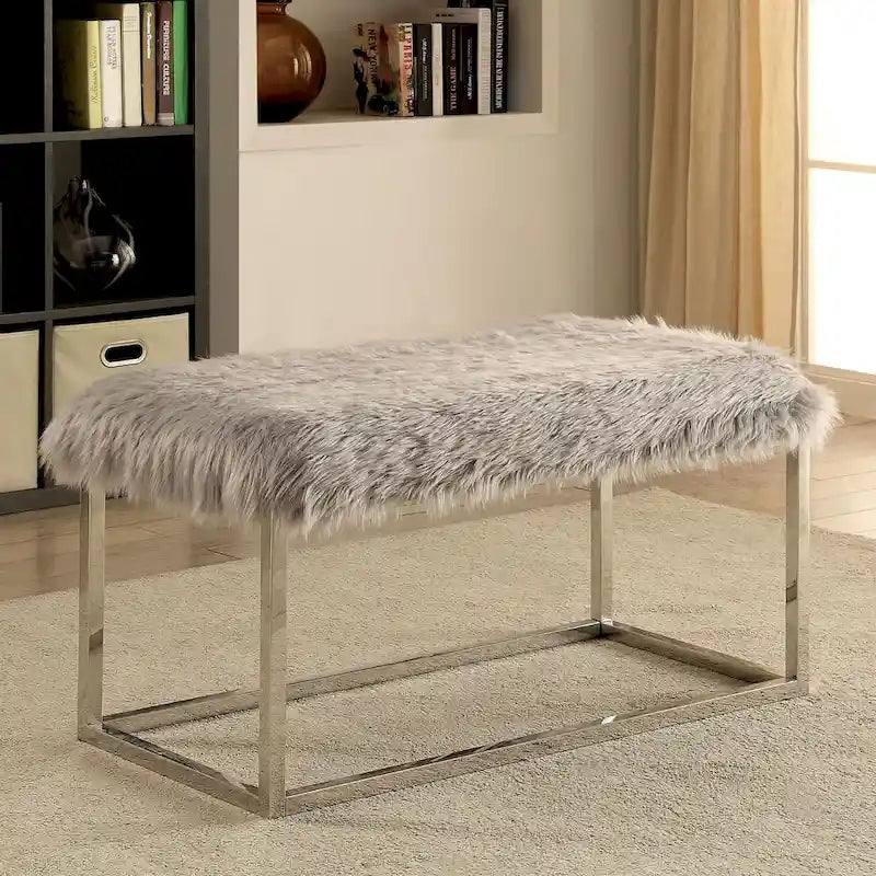 Banc contemporain de 102 cm en fausse fourrure avec pieds en métal chromé