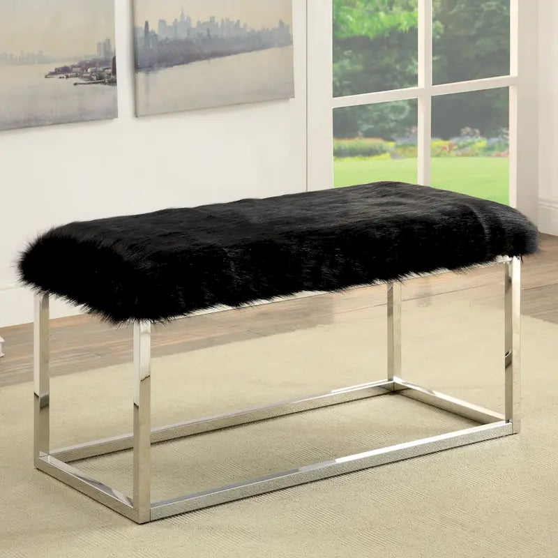 Banc contemporain de 102 cm en fausse fourrure avec pieds en métal chromé
