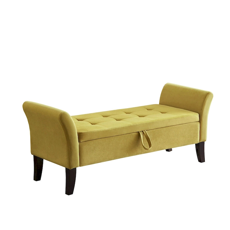 Banc de rangement en velours avec accoudoirs, design capitonné et pieds en bois massif