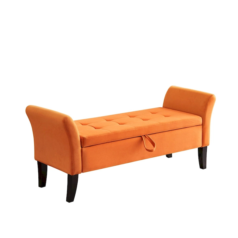 Banc de rangement en velours avec accoudoirs, design capitonné et pieds en bois massif
