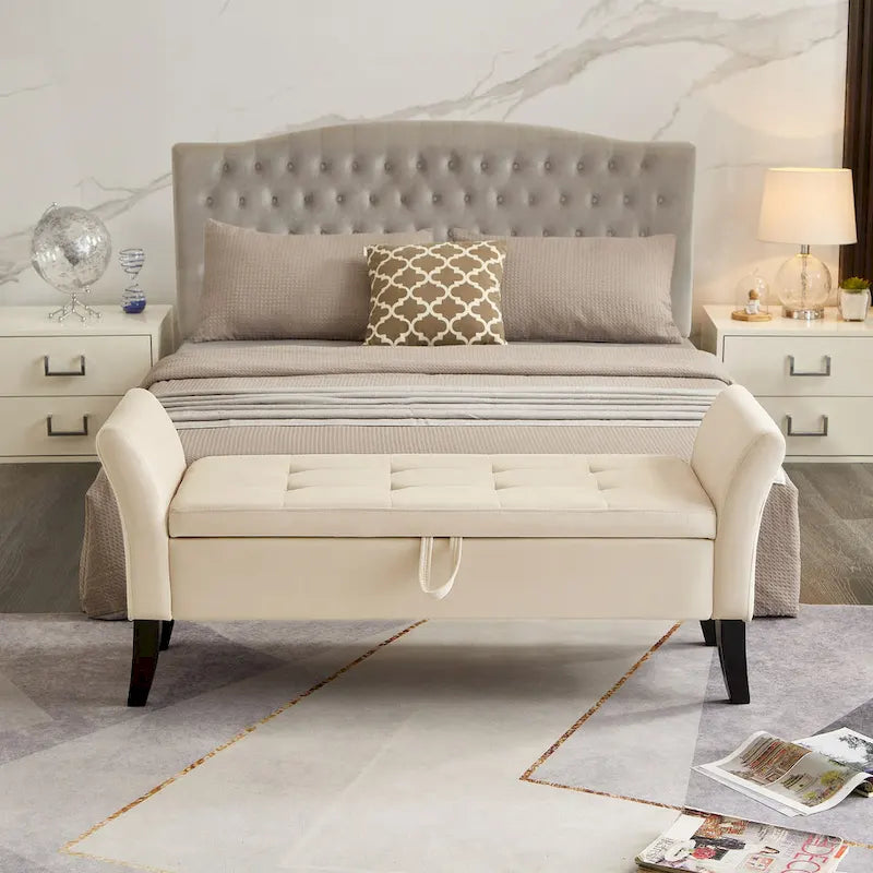Banc de rangement en velours avec accoudoirs, design capitonné et pieds en bois massif
