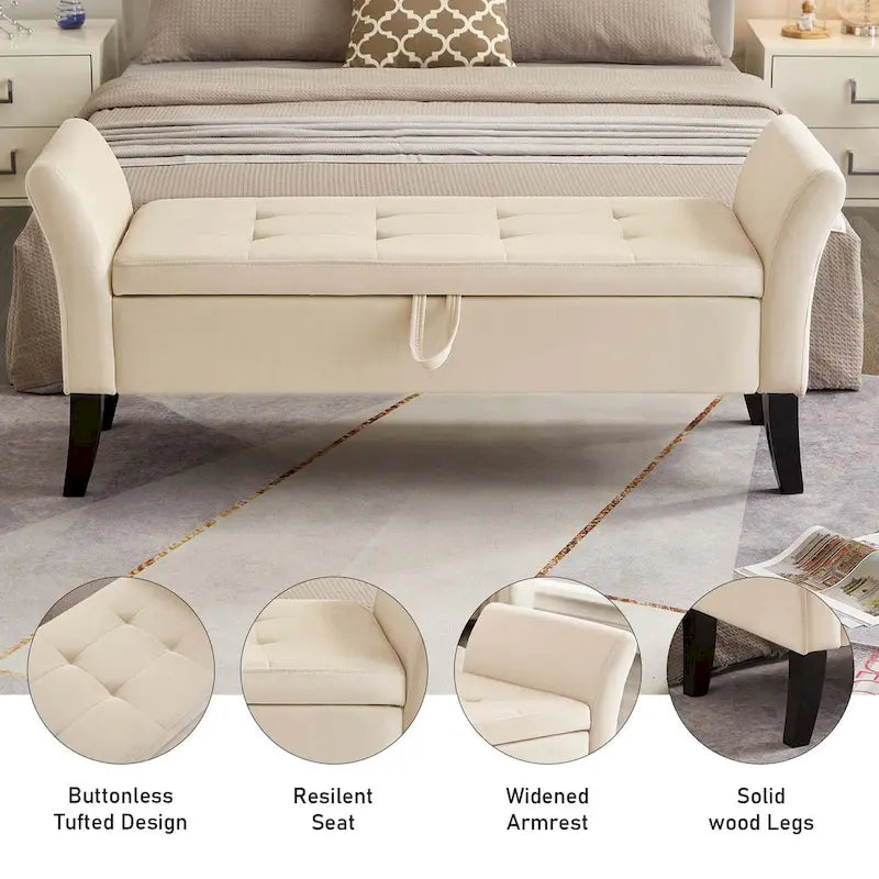Banc de rangement en velours avec accoudoirs, design capitonné et pieds en bois massif