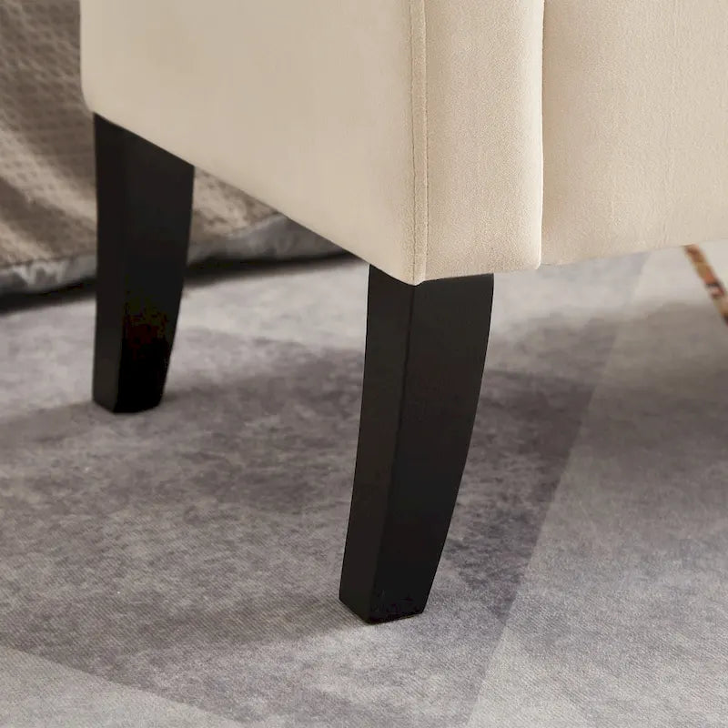 Banc de rangement en velours avec accoudoirs, design capitonné et pieds en bois massif