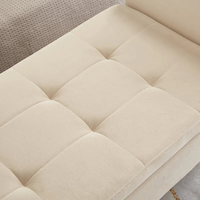Banc de rangement en velours avec accoudoirs, design capitonné et pieds en bois massif