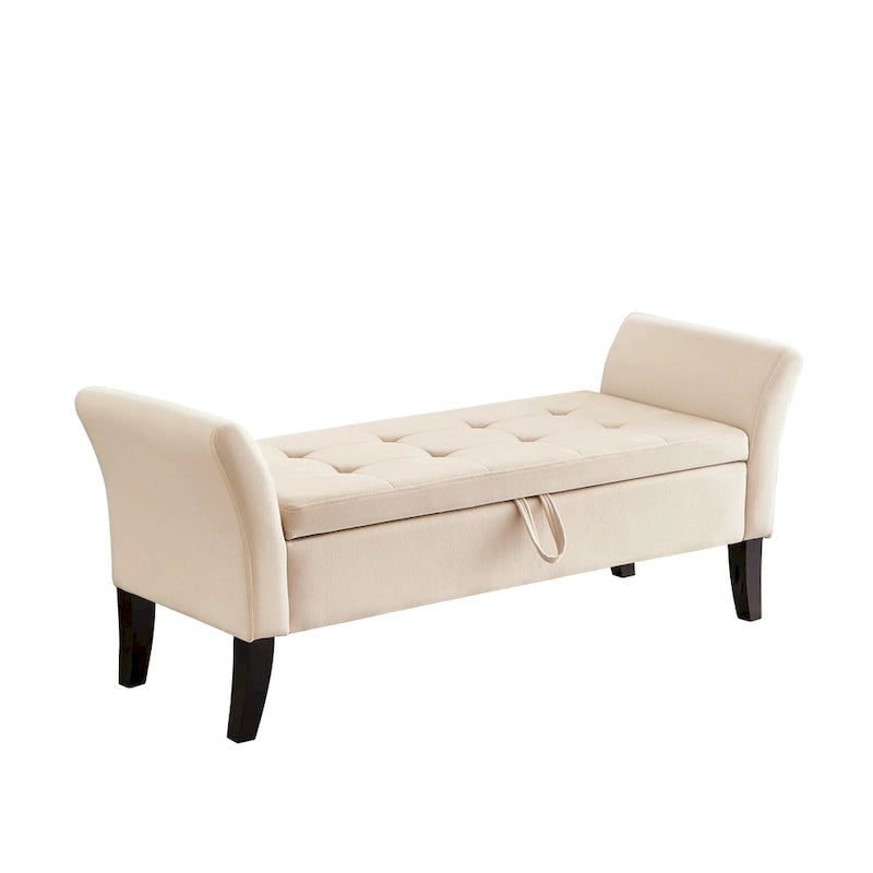 Banc de rangement en velours avec accoudoirs, design capitonné et pieds en bois massif