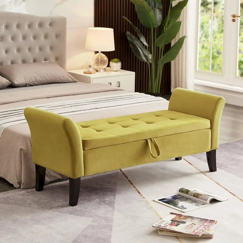 Banc de rangement en velours avec accoudoirs, design capitonné et pieds en bois massif