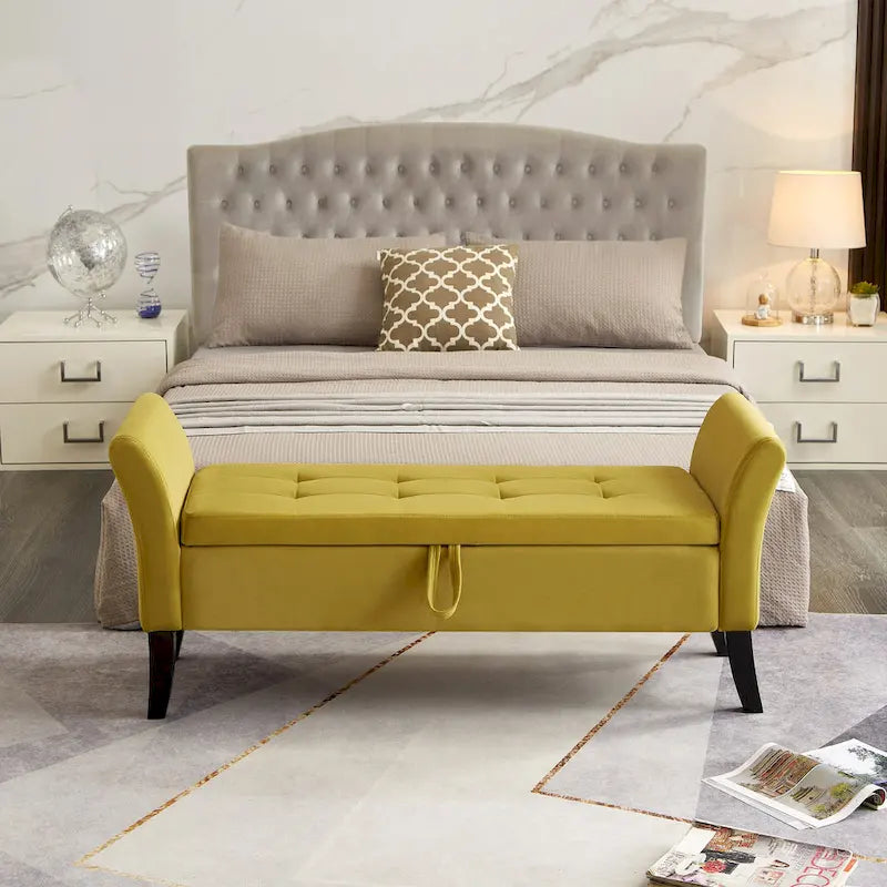 Banc de rangement en velours avec accoudoirs, design capitonné et pieds en bois massif
