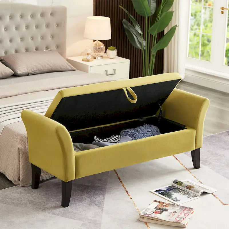 Banc de rangement en velours avec accoudoirs, design capitonné et pieds en bois massif
