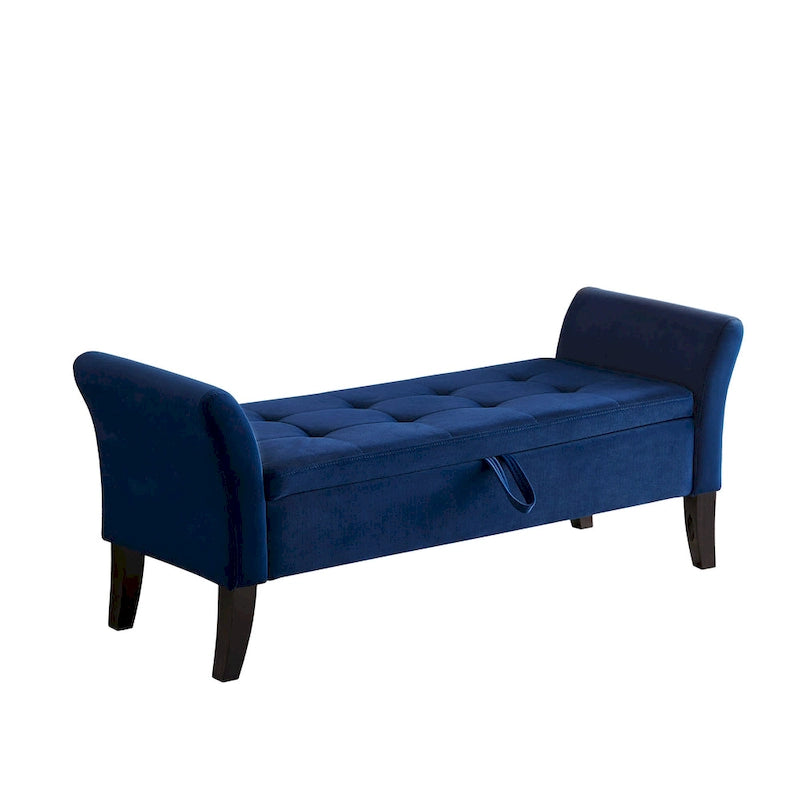 Banc de rangement en velours avec accoudoirs, design capitonné et pieds en bois massif