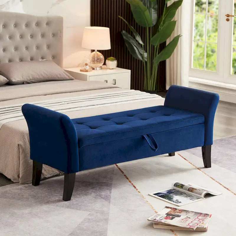Banc de rangement en velours avec accoudoirs, design capitonné et pieds en bois massif