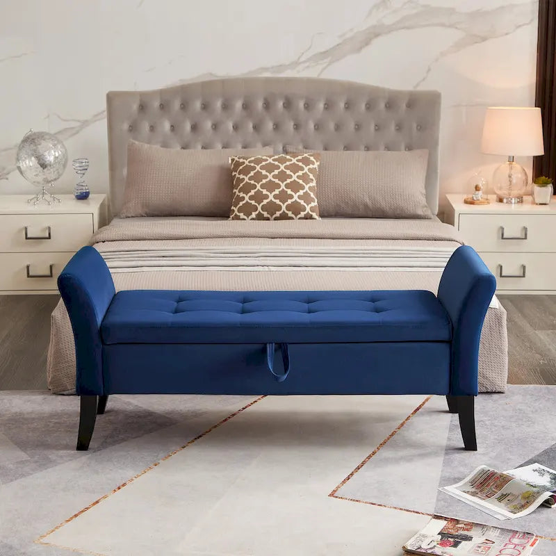 Banc de rangement en velours avec accoudoirs, design capitonné et pieds en bois massif