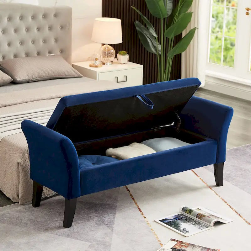 Banc de rangement en velours avec accoudoirs, design capitonné et pieds en bois massif