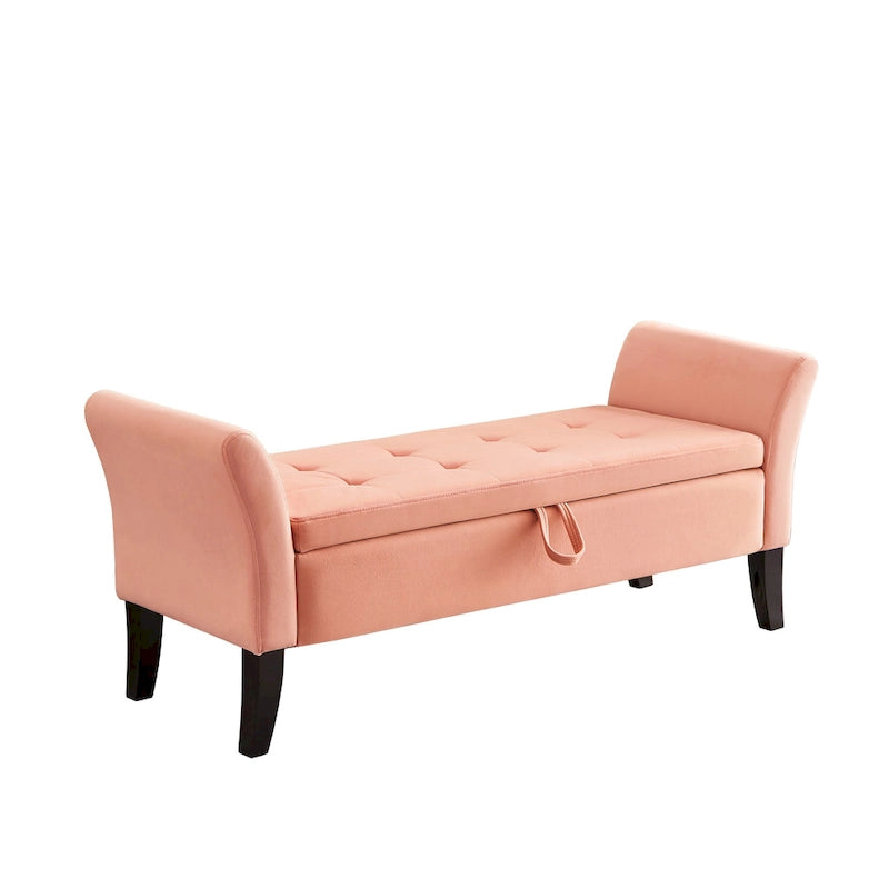 Banc de rangement en velours avec accoudoirs, design capitonné et pieds en bois massif