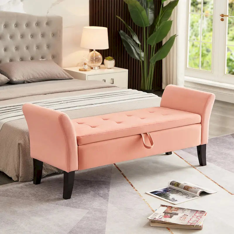 Banc de rangement en velours avec accoudoirs, design capitonné et pieds en bois massif