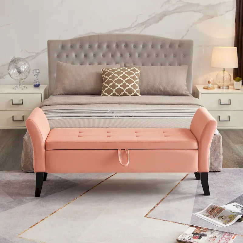 Banc de rangement en velours avec accoudoirs, design capitonné et pieds en bois massif