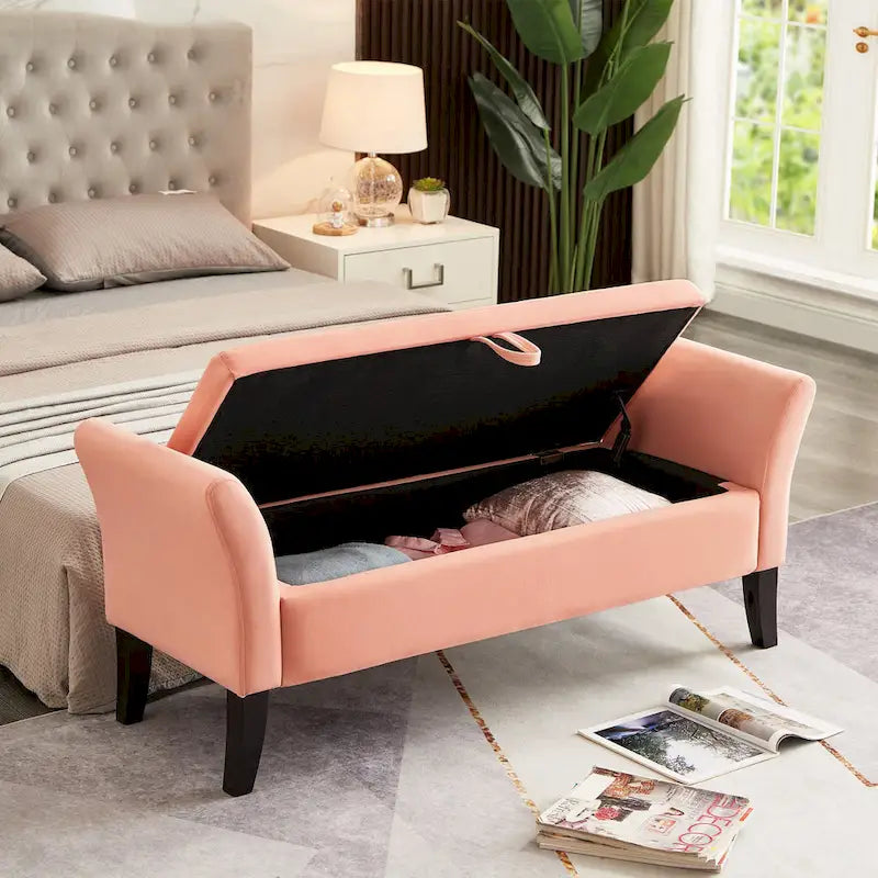 Banc de rangement en velours avec accoudoirs, design capitonné et pieds en bois massif