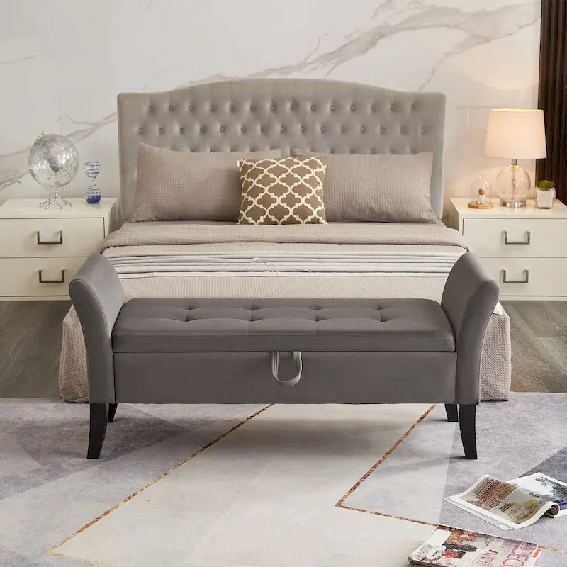 Banc de rangement en velours avec accoudoirs, design capitonné et pieds en bois massif
