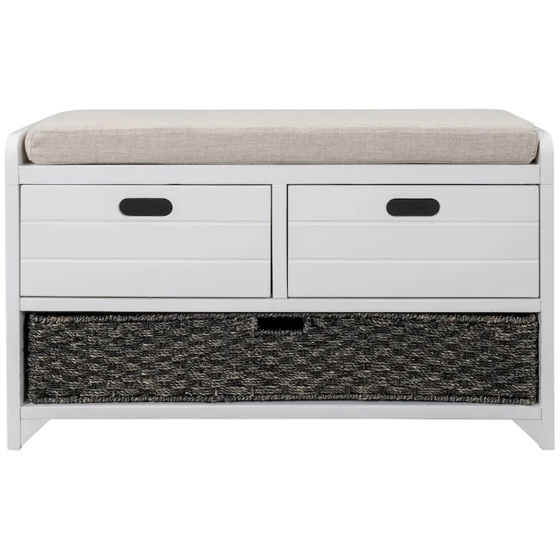 Banc de rangement avec 2 tiroirs, panier amovible et coussin en lin