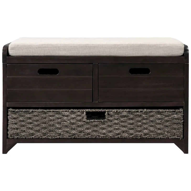 Banc de rangement avec 2 tiroirs, panier amovible et coussin en lin