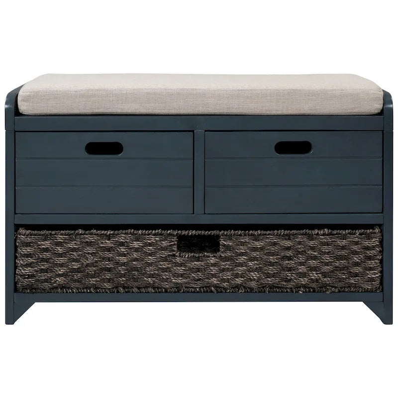 Banc de rangement avec 2 tiroirs, panier amovible et coussin en lin