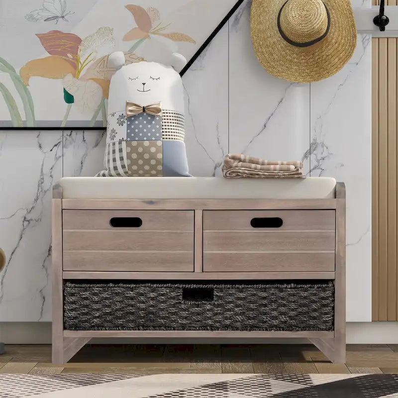 Banc de rangement avec 2 tiroirs, panier amovible et coussin en lin