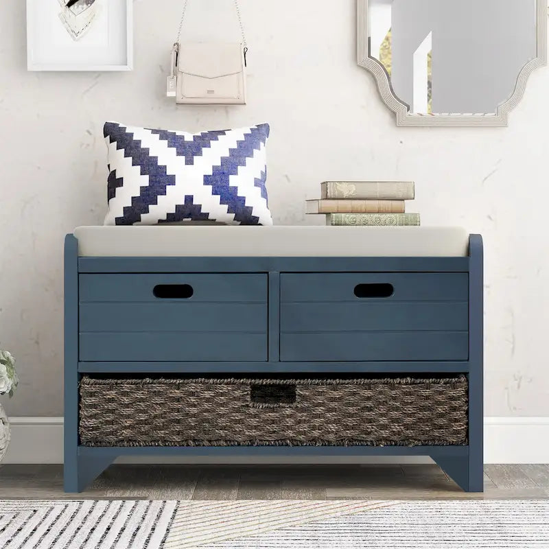 Banc de rangement avec 2 tiroirs, panier amovible et coussin en lin