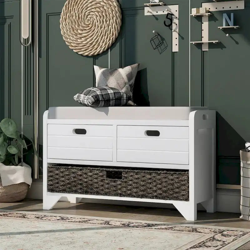 Banc de rangement avec 2 tiroirs, panier amovible et coussin en lin