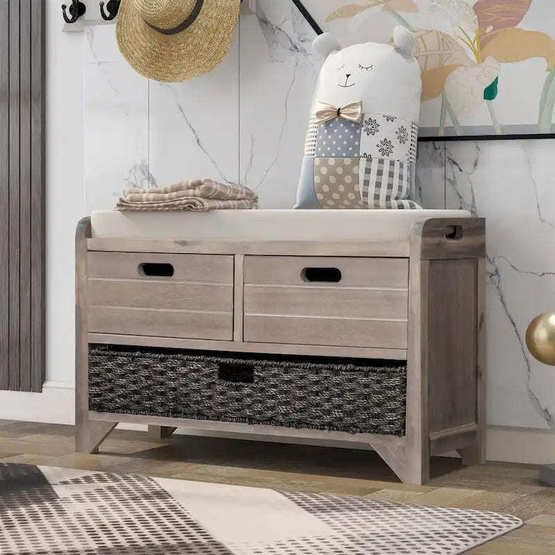 Banc de rangement avec 2 tiroirs, panier amovible et coussin en lin