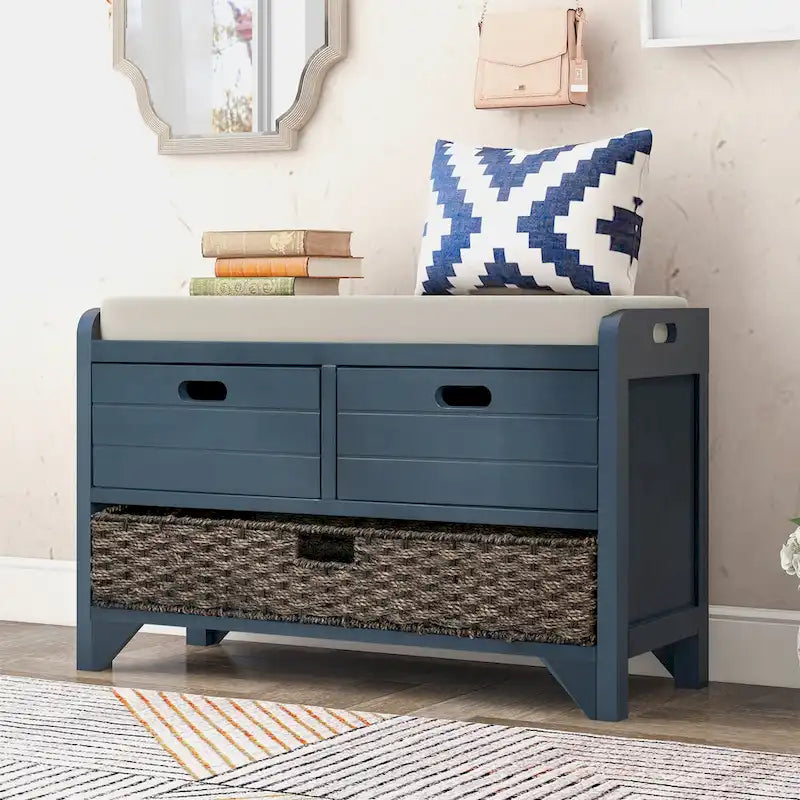 Banc de rangement avec 2 tiroirs, panier amovible et coussin en lin