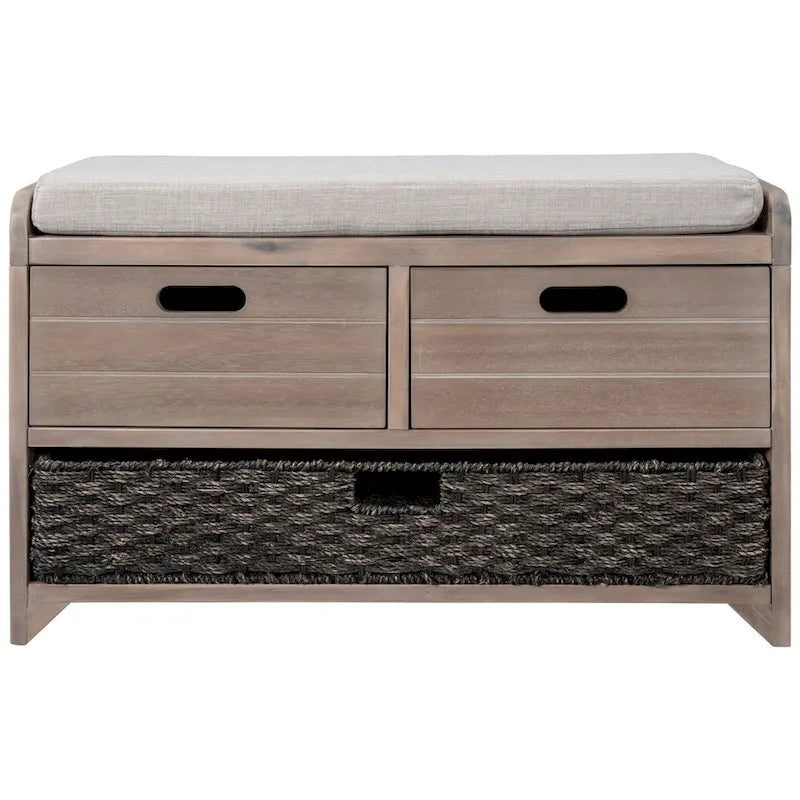 Banc de rangement avec 2 tiroirs, panier amovible et coussin en lin