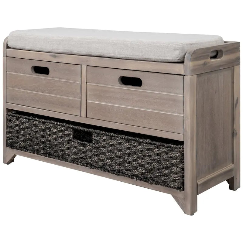 Banc de rangement avec 2 tiroirs, panier amovible et coussin en lin
