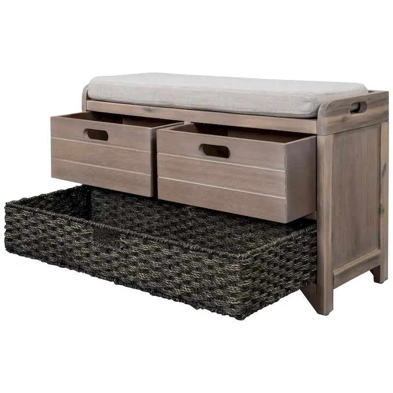 Banc de rangement avec 2 tiroirs, panier amovible et coussin en lin