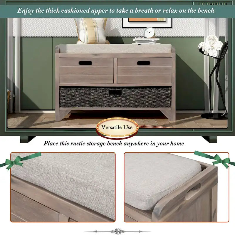 Banc de rangement avec 2 tiroirs, panier amovible et coussin en lin