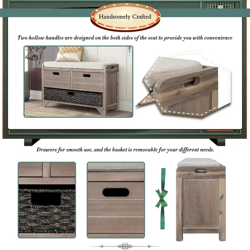 Banc de rangement avec 2 tiroirs, panier amovible et coussin en lin