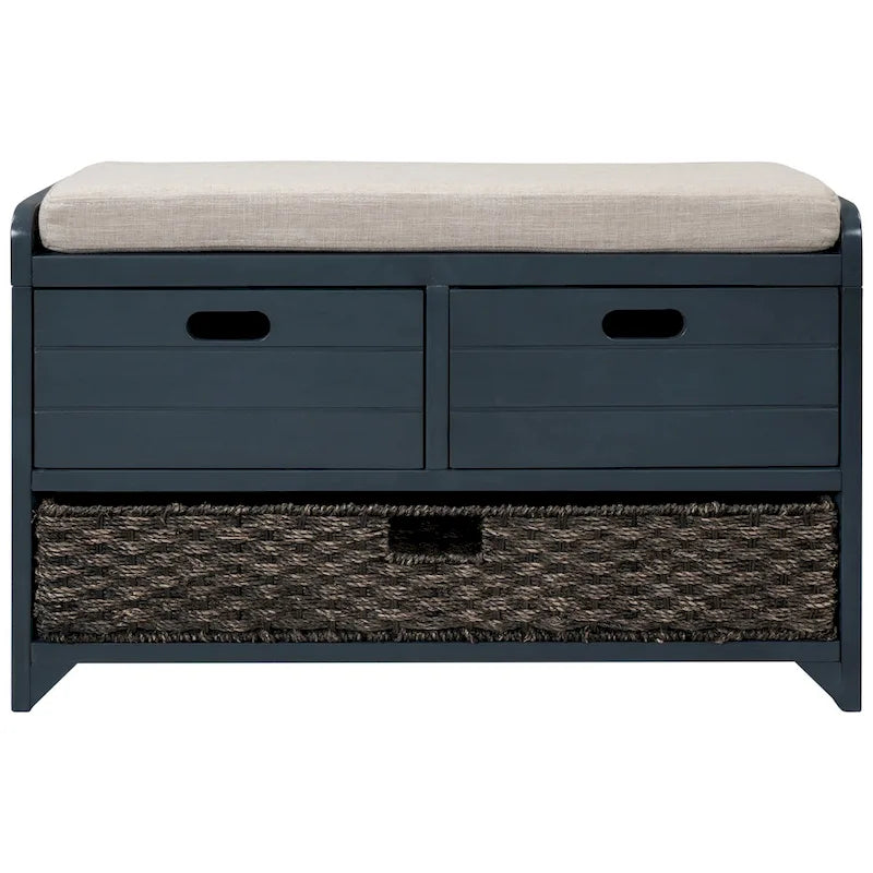 Banc de rangement avec 2 tiroirs, panier amovible et coussin en lin