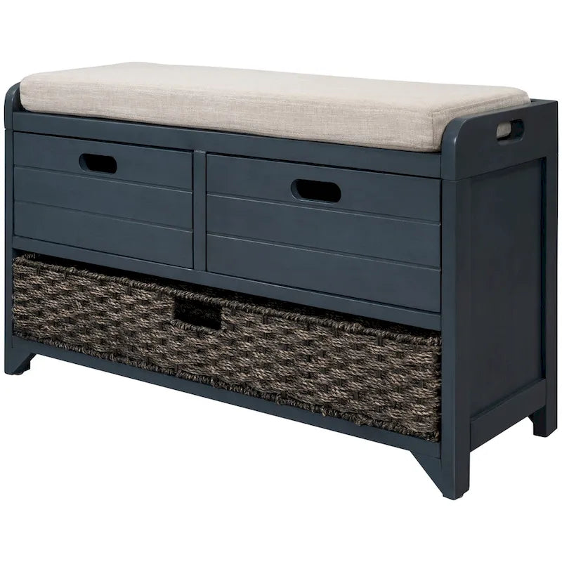 Banc de rangement avec 2 tiroirs, panier amovible et coussin en lin