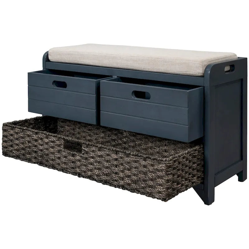 Banc de rangement avec 2 tiroirs, panier amovible et coussin en lin